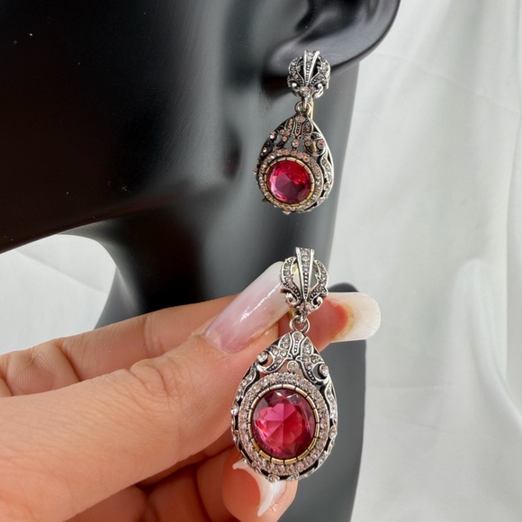 Red Crystal Teardrop Earrings | Elegant Statement Look - Picture 8 of 10